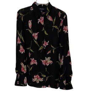 Jones New York Signature Black Silk Floral Blouse Womens Size Large French Cuffs